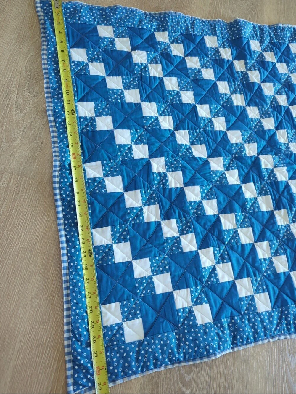 Blue and White Irish Chain patchwork FINISHED Small QUILT  Gingham Back Handmade